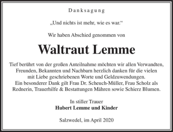 Traueranzeige von Waltraut Lemme  von Magdeburger Volksstimme