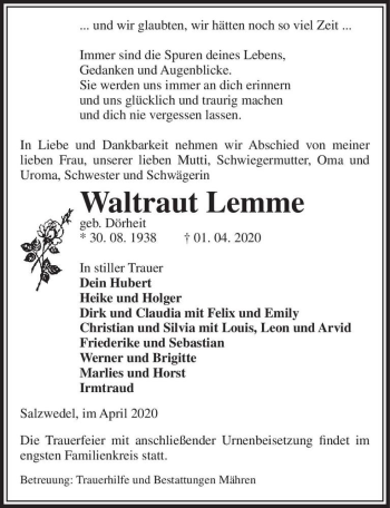 Traueranzeige von Waltraut Lemme (geb. Dörheit)  von Magdeburger Volksstimme