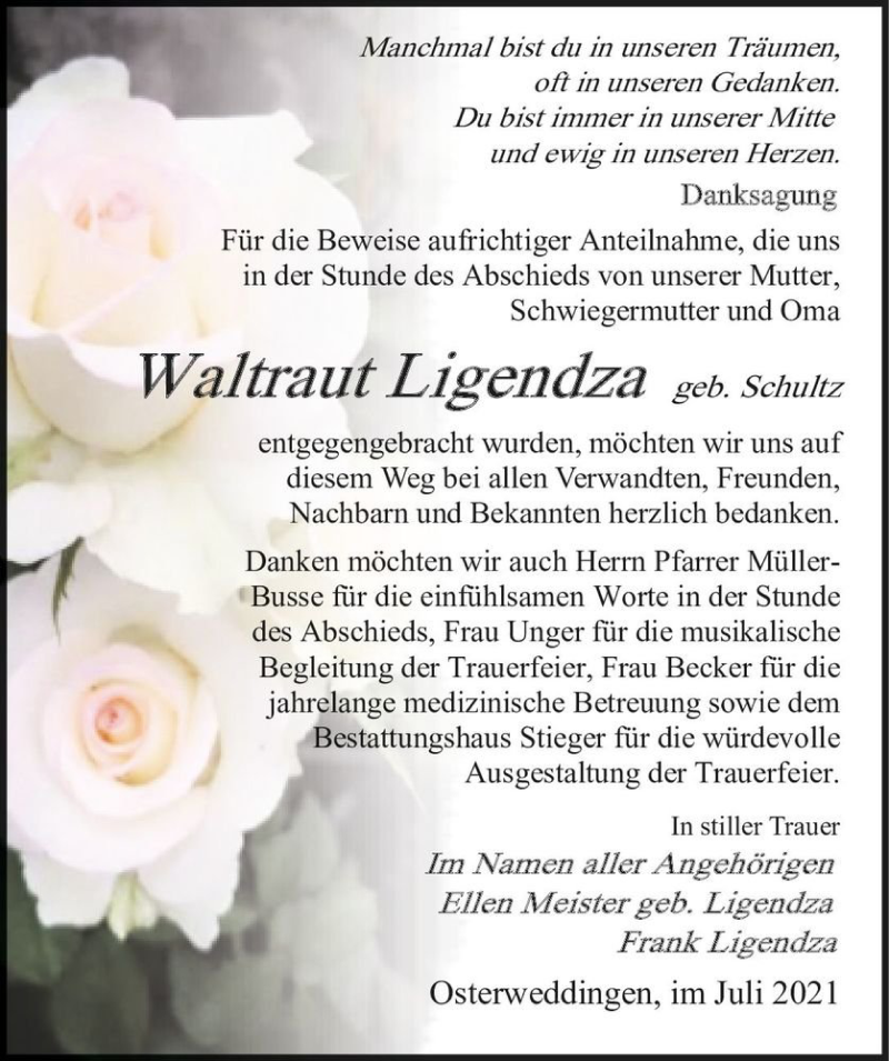  Traueranzeige für Waltraut Ligendza (geb. Schultz)  vom 31.07.2021 aus Magdeburger Volksstimme