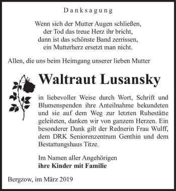 Traueranzeige von Waltraut Lusansky  von Magdeburger Volksstimme
