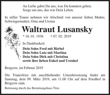 Traueranzeige von Waltraut Lusansky  von Magdeburger Volksstimme