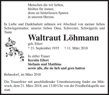 Traueranzeige von Waltraut Löhmann (geb. Eilert)  von Magdeburger Volksstimme