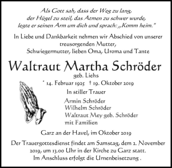 Traueranzeige von Waltraut Martha Schröder (geb. Liehs)  von Magdeburger Volksstimme