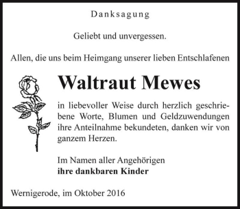 Traueranzeige von Waltraut Mewes  von Magdeburger Volksstimme