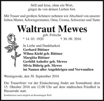 Traueranzeige von Waltraut Mewes (geb. Fritsche)  von Magdeburger Volksstimme