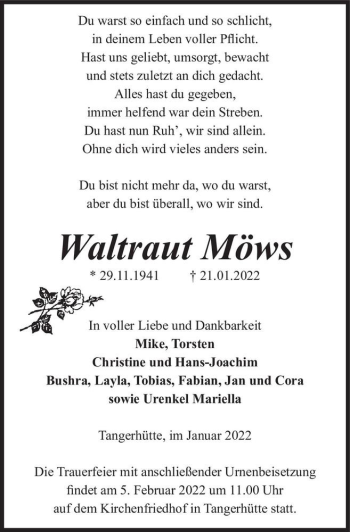 Traueranzeige von Waltraut Möws  von Magdeburger Volksstimme