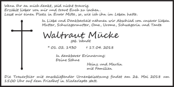 Traueranzeige von Waltraut Mücke (geb. Wendt)  von Magdeburger Volksstimme