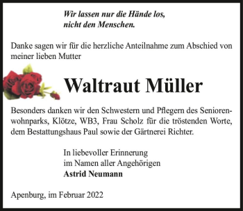 Traueranzeige von Waltraut Müller  von Magdeburger Volksstimme