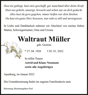 Traueranzeige von Waltraut Müller (geb. Goetzie)  von Magdeburger Volksstimme