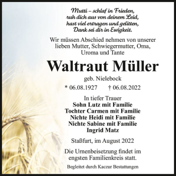 Traueranzeige von Waltraut Müller (geb. Nielebock)  von Magdeburger Volksstimme
