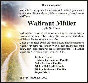 Traueranzeige von Waltraut Müller (geb. Nielebock)  von Magdeburger Volksstimme