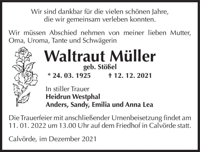  Traueranzeige für Waltraut Müller (geb. Stößel)  vom 17.12.2021 aus Magdeburger Volksstimme