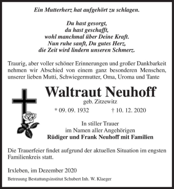 Traueranzeige von Waltraut Neuhoff (geb. Zitzewitz)  von Magdeburger Volksstimme