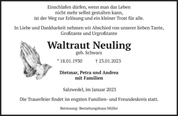 Traueranzeige von Waltraut Neuling (geb. Schwarz)  von Magdeburger Volksstimme