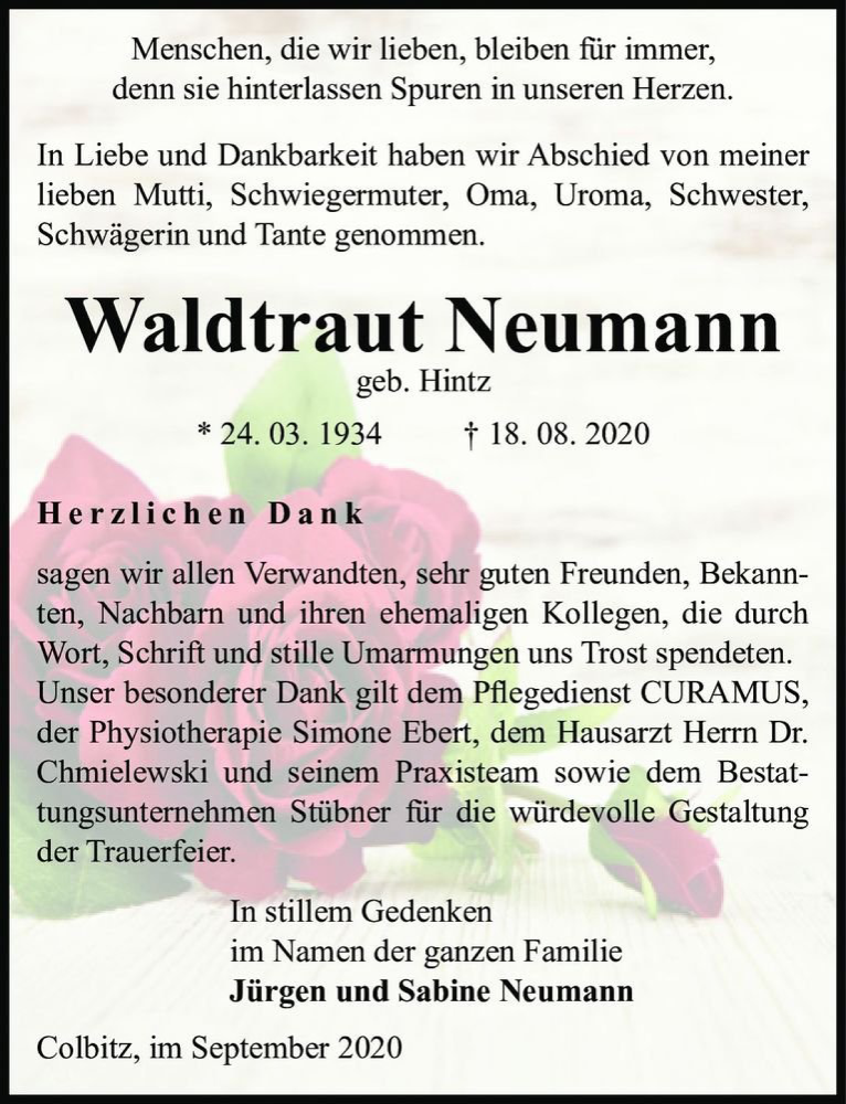  Traueranzeige für Waltraut Neumann (geb. Hintz)  vom 19.09.2020 aus Magdeburger Volksstimme