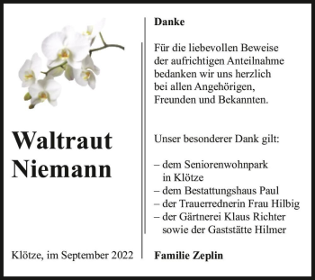 Traueranzeige von Waltraut Niemann  von Magdeburger Volksstimme