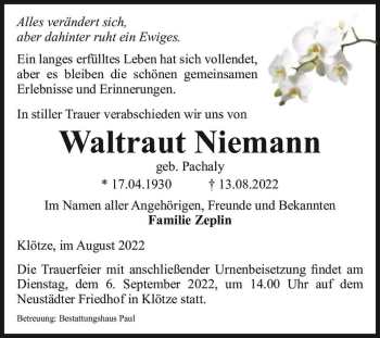 Traueranzeige von Waltraut Niemann (geb. Pachaly)  von Magdeburger Volksstimme