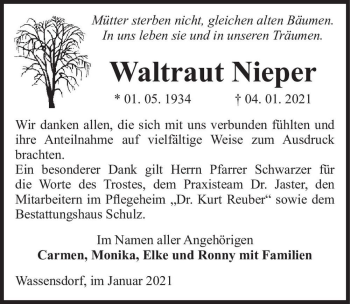 Traueranzeige von Waltraut Nieper  von Magdeburger Volksstimme