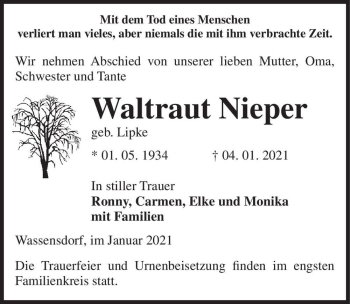 Traueranzeige von Waltraut Nieper (geb. Lipke)  von Magdeburger Volksstimme