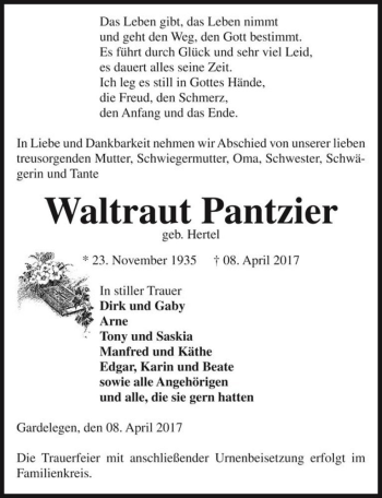 Traueranzeige von Waltraut Pantzier (geb. Hertel)  von Magdeburger Volksstimme