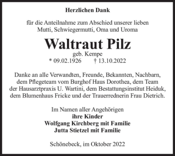 Traueranzeige von Waltraut Pilz (geb. Kempe)  von Magdeburger Volksstimme