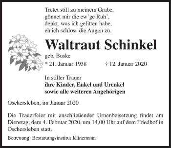 Traueranzeige von Waltraut Schinkel (geb. Buske)  von Magdeburger Volksstimme