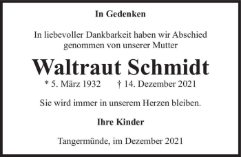 Traueranzeige von Waltraut Schmidt  von Magdeburger Volksstimme