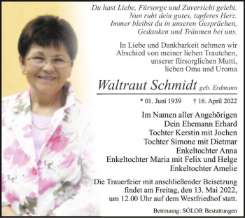 Traueranzeige von Waltraut Schmidt (geb. Erdmann)  von Magdeburger Volksstimme