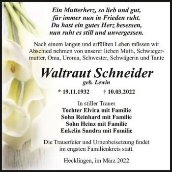 Traueranzeige von Waltraut Schneider (geb. Lewin)  von Magdeburger Volksstimme