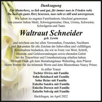 Traueranzeige von Waltraut Schneider (geb. Lewin)  von Magdeburger Volksstimme