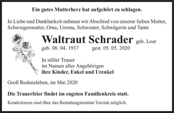 Traueranzeige von Waltraut Schrader (geb. Loer)  von Magdeburger Volksstimme