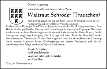 Traueranzeige von Waltraut Schröder (Trautchen)  von Magdeburger Volksstimme