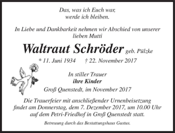 Traueranzeige von Waltraut Schröder (geb. Pülzke)  von Magdeburger Volksstimme