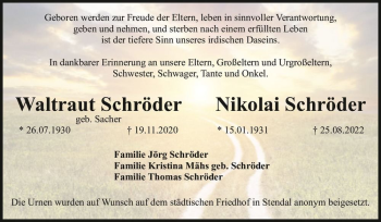 Traueranzeige von Waltraut Schröder (geb. Sacher) und Nikolai Schröder  von Magdeburger Volksstimme