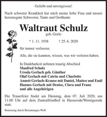 Traueranzeige von Waltraut Schulz (geb. Gorlo)  von Magdeburger Volksstimme