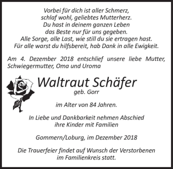 Traueranzeige von Waltraut Schäfer (geb. Gorr)  von Magdeburger Volksstimme