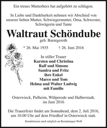 Traueranzeige von Waltraut Schöndube (geb. Barnigeroth)  von Magdeburger Volksstimme