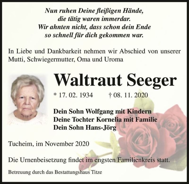  Traueranzeige für Waltraut Seeger  vom 14.11.2020 aus Magdeburger Volksstimme