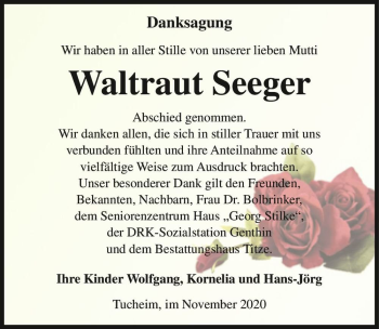 Traueranzeige von Waltraut Seeger  von Magdeburger Volksstimme