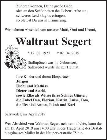 Traueranzeige von Waltraut Segert  von Magdeburger Volksstimme