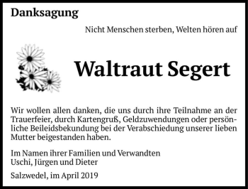 Traueranzeige von Waltraut Segert  von Magdeburger Volksstimme