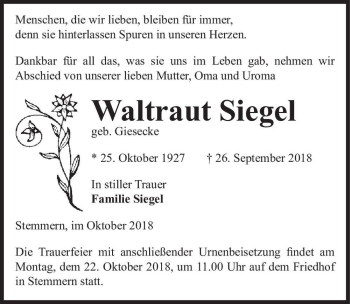 Traueranzeige von Waltraut Siegel (geb. Giesecke)  von Magdeburger Volksstimme