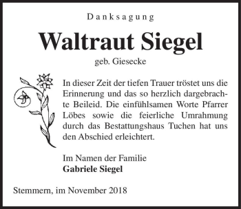 Traueranzeige von Waltraut Siegel (geb. Giesecke)  von Magdeburger Volksstimme