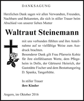 Traueranzeige von Waltraut Steinemann  von Magdeburger Volksstimme