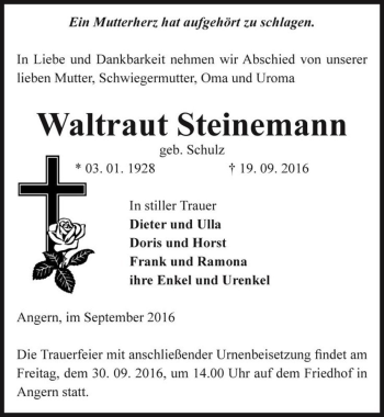 Traueranzeige von Waltraut Steinemann (geb. Schulz)  von Magdeburger Volksstimme
