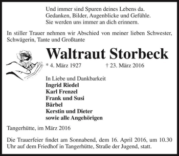 Traueranzeige von Waltraut Storbeck  von Magdeburger Volksstimme