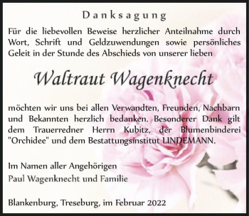 Traueranzeige von Waltraut Wagenknecht  von Magdeburger Volksstimme