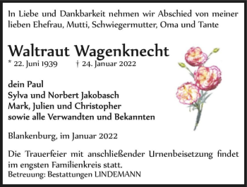 Traueranzeige von Waltraut Wagenknecht  von Magdeburger Volksstimme
