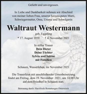 Traueranzeige von Waltraut Westermann (geb. Eggeling)  von Magdeburger Volksstimme