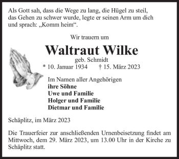 Traueranzeige von Waltraut Wilke (geb. Schmidt)  von Magdeburger Volksstimme